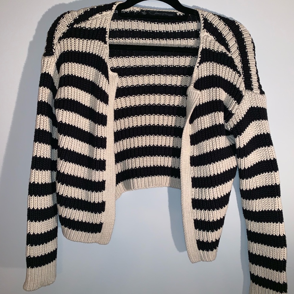Open Cardigan Sweater Black and Cream Striped